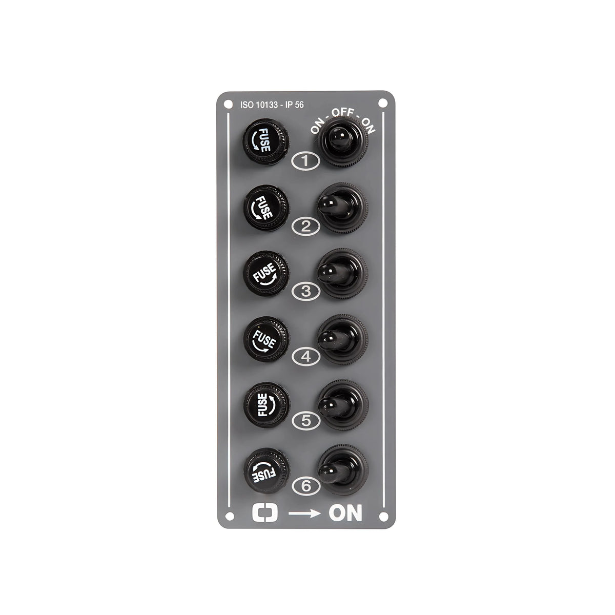 Pannello elettrico verticale in alluminio a 6 interruttori IP56 per plancia barca.