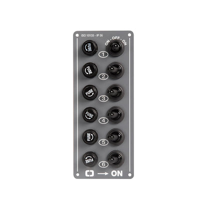 Pannello elettrico verticale in alluminio a 6 interruttori IP56 per plancia barca.