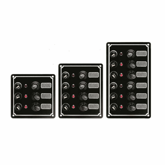 Pannello elettrico nautico Classic in alluminio con interruttori a leva impermeabili, portafusibili e spie LED di stato.