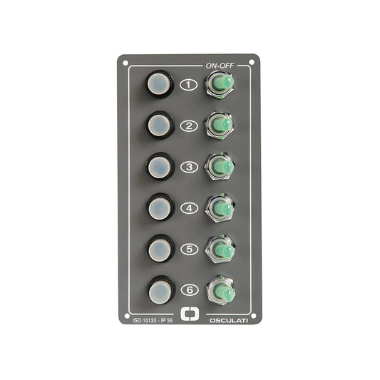 Pannello elettrico Elite in alluminio a 6 interruttori luminosi con fusibili riarmabili per plancia barca.