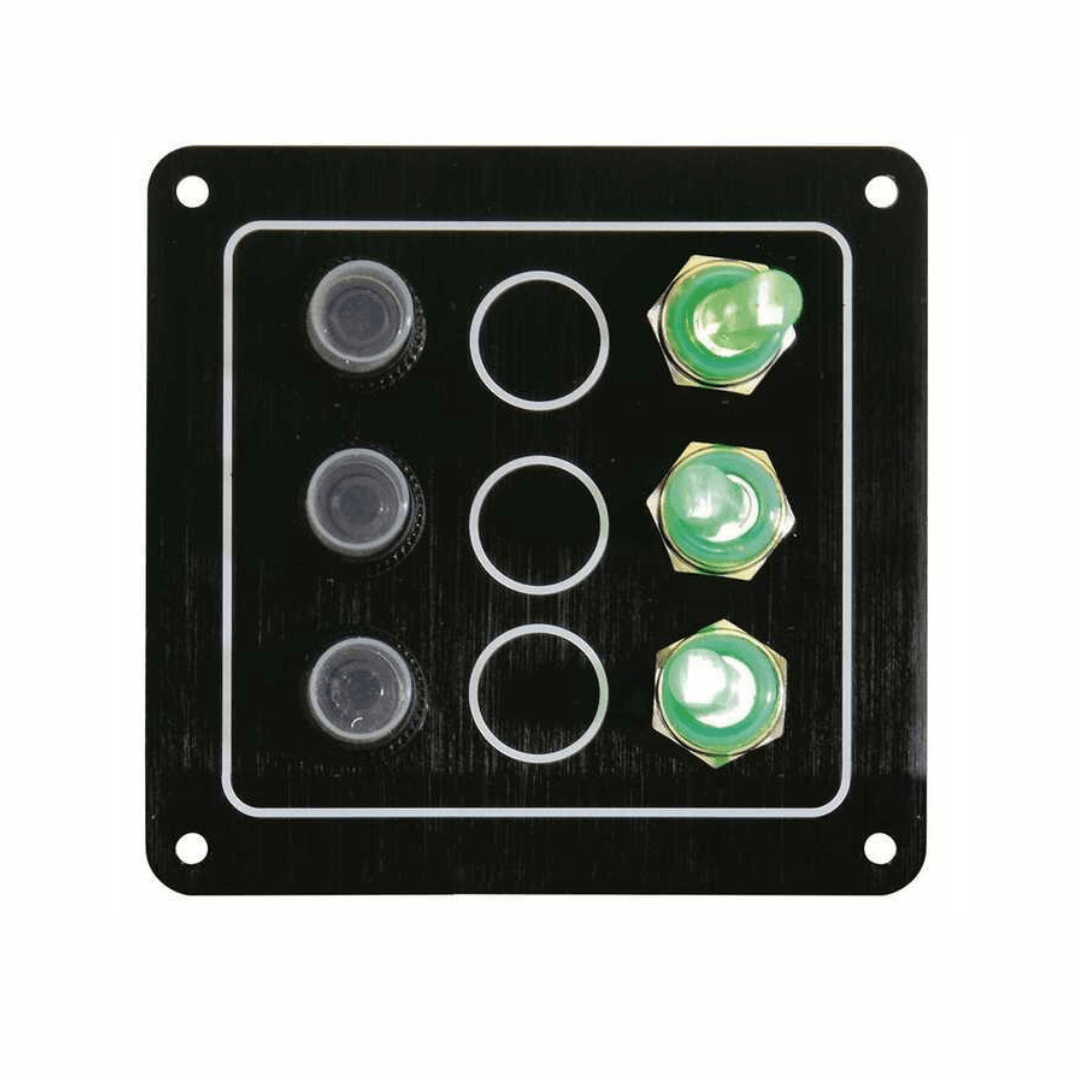 Pannello elettrico nautico Ghost 12V in alluminio anodizzato nero con interruttori a leva impermeabili e fusibili riarmabili.