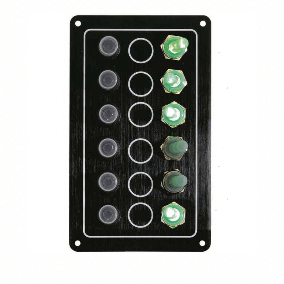 Pannello elettrico nautico Ghost 12V in alluminio anodizzato nero con interruttori a leva impermeabili e fusibili riarmabili.