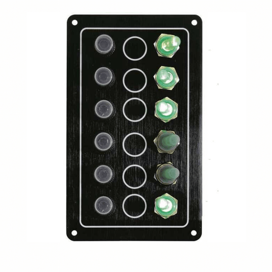 Pannello elettrico nautico Ghost 12V in alluminio anodizzato nero con interruttori a leva impermeabili e fusibili riarmabili.