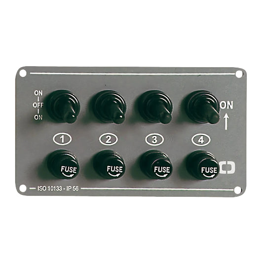 Pannello elettrico orizzontale in alluminio anodizzato grigio con 4 interruttori stagni IP56 per barca.