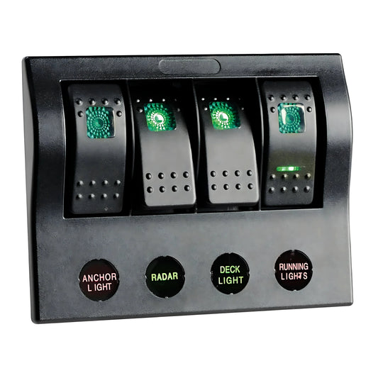 Pannello elettrico PCP Compact nero in policarbonato con 4 interruttori a bascula, LED e circuit breaker riarmabili IP66.