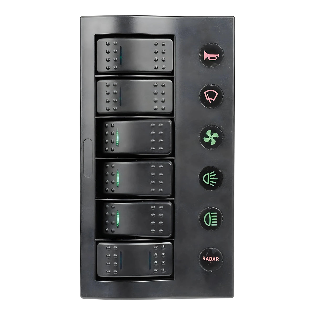 Pannello elettrico PCP Compact nero in policarbonato con 6 interruttori a bascula, LED e circuit breaker riarmabili IP66 per barca.