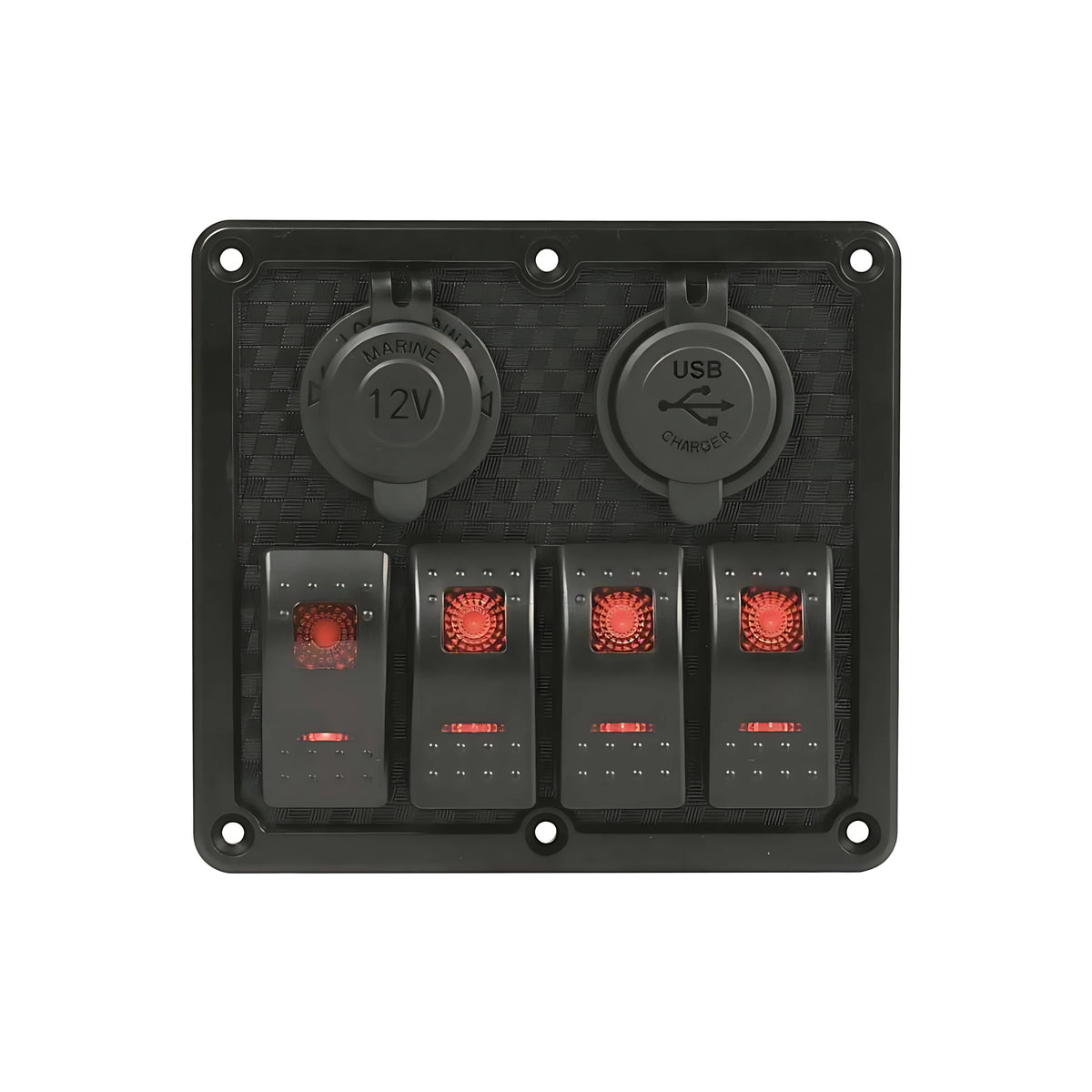Pannello elettrico nautico Redtech in polimero impermeabile IP65 con interruttori basculanti a LED rossi, prese USB, 12V e voltmetro.
