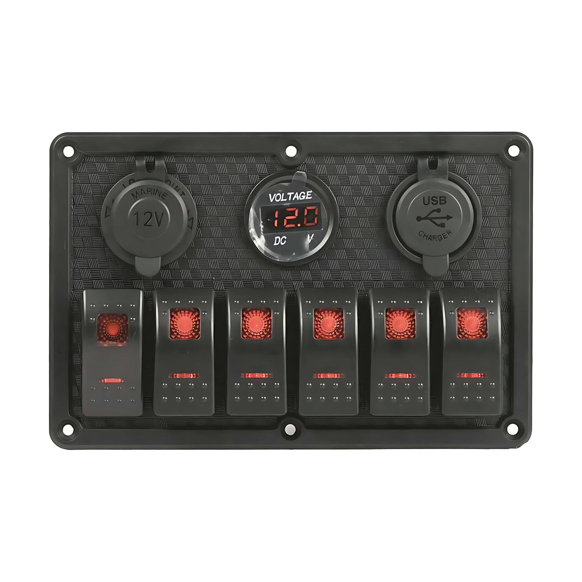 Pannello elettrico nautico Redtech in polimero impermeabile IP65 con interruttori basculanti a LED rossi, prese USB, 12V e voltmetro.
