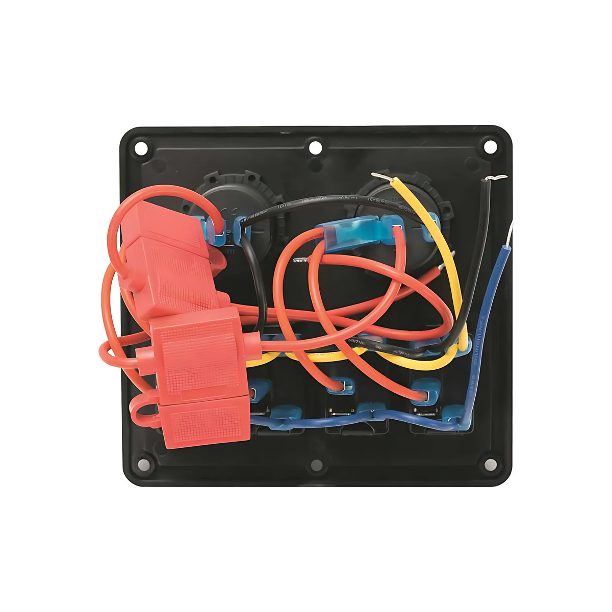 Pannello elettrico nautico Redtech in polimero impermeabile IP65 con interruttori basculanti a LED rossi, prese USB, 12V e voltmetro.