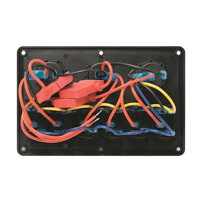 Pannello elettrico nautico Redtech in polimero impermeabile IP65 con interruttori basculanti a LED rossi, prese USB, 12V e voltmetro.