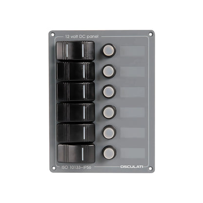 Pannello elettrico verticale a 6 interruttori a bascula stagni con frontale in policarbonato grigio per barca.