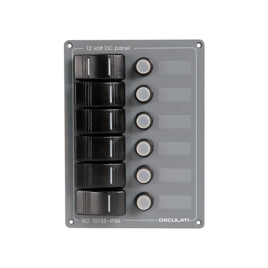 Pannello elettrico verticale a 6 interruttori a bascula stagni con frontale in policarbonato grigio per barca.