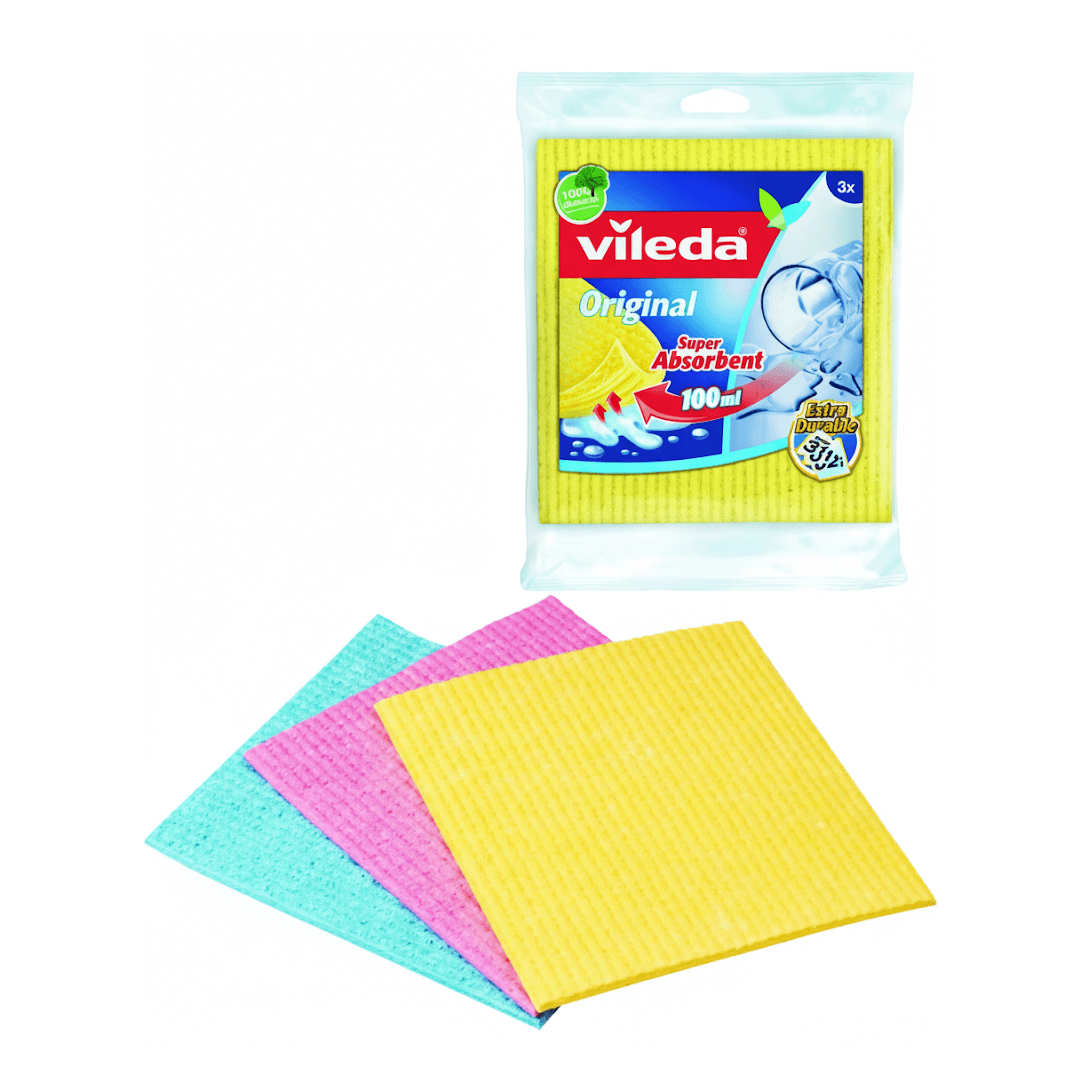 Panni spugna Vileda Original 3 pezzi colorati giallo rosa turchese 18x20 cm con confezione