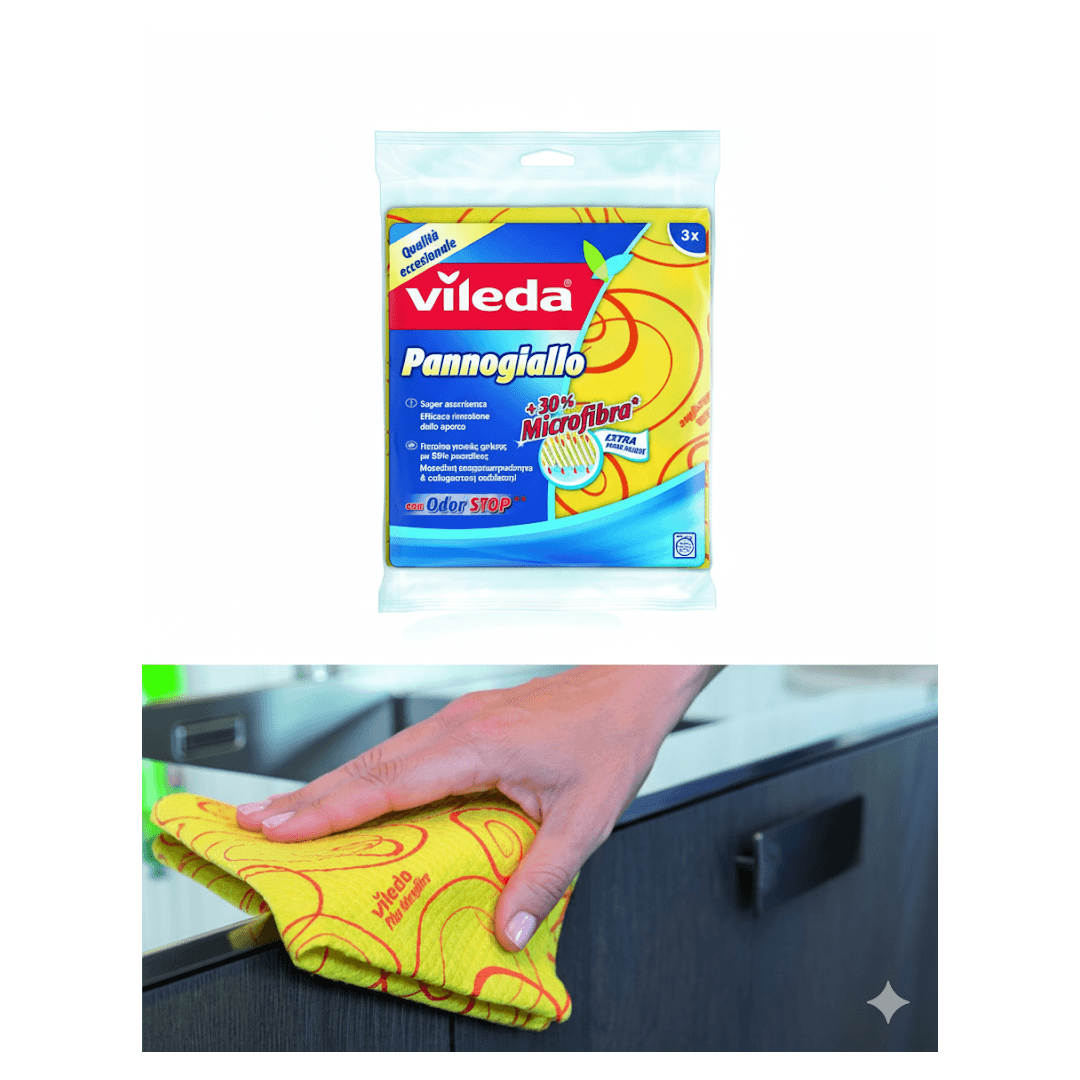 Panni microfibra Vileda Pannogiallo gialli 3 pz, con tecnologia Odor Stop, in confezione trasparente
