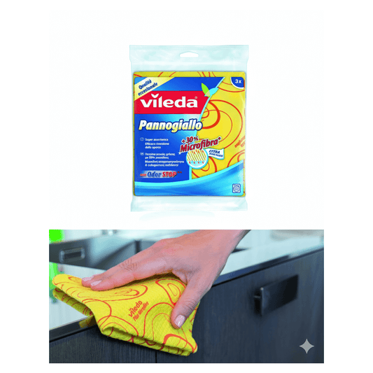 Panni microfibra Vileda Pannogiallo gialli 3 pz, con tecnologia Odor Stop, in confezione trasparente