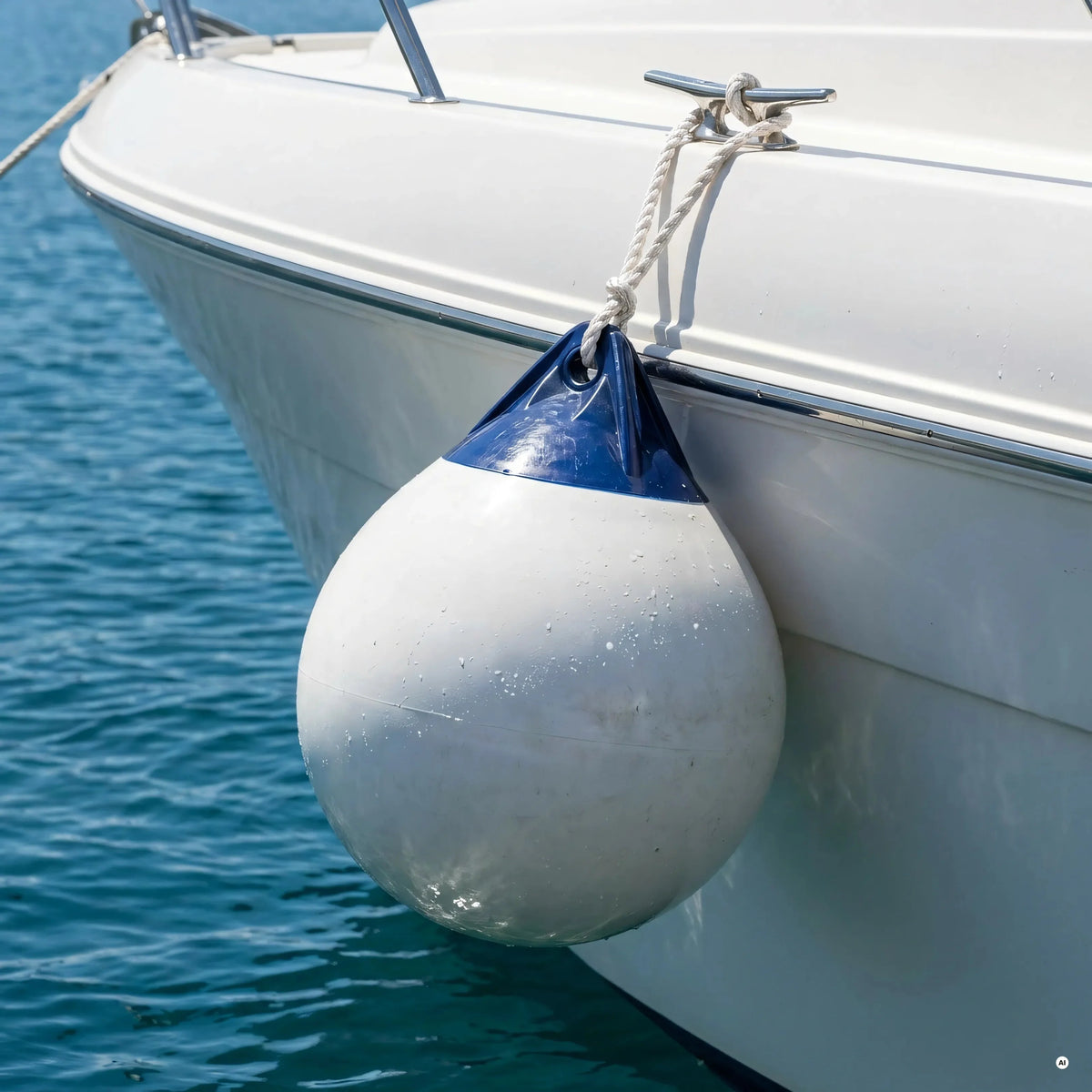Parabordo sferico Heavy Duty corpo bianco testa blu appeso con cima alla murata di una barca sul mare