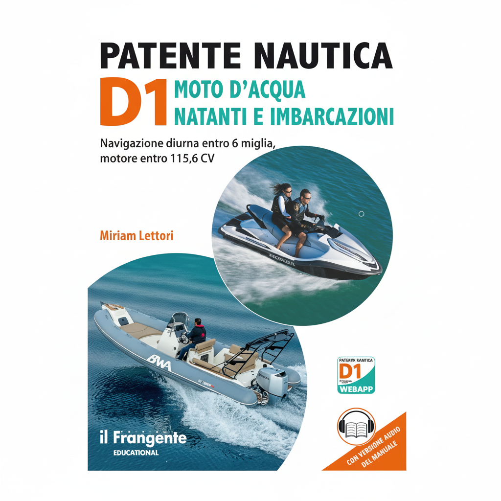 Manuale "Patente Nautica D1" (moto d'acqua e natanti entro 6 miglia) Miriam Lettori, edizione 2025, con video tutorial e quiz online.
