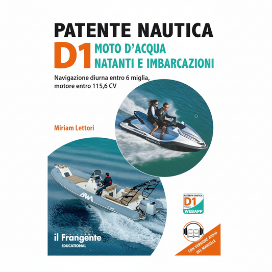 Manuale "Patente Nautica D1" (moto d'acqua e natanti entro 6 miglia) Miriam Lettori, edizione 2025, con video tutorial e quiz online.