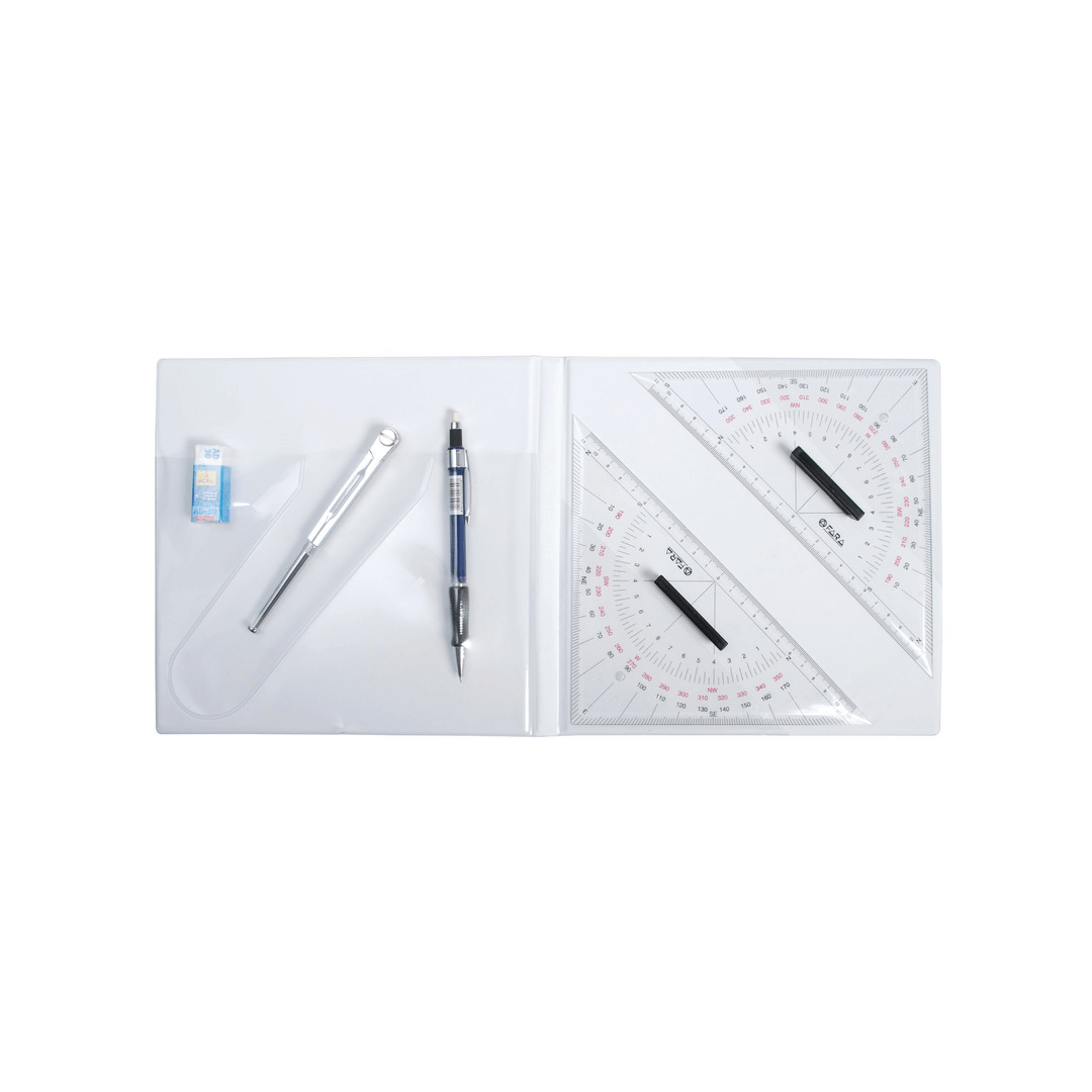 Kit carteggio nautico aperto con compasso, matita meccanica, gomma, squadra nautica trasparente e pennarelli