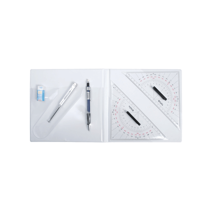 Kit carteggio nautico aperto con compasso, matita meccanica, gomma, squadra nautica trasparente e pennarelli