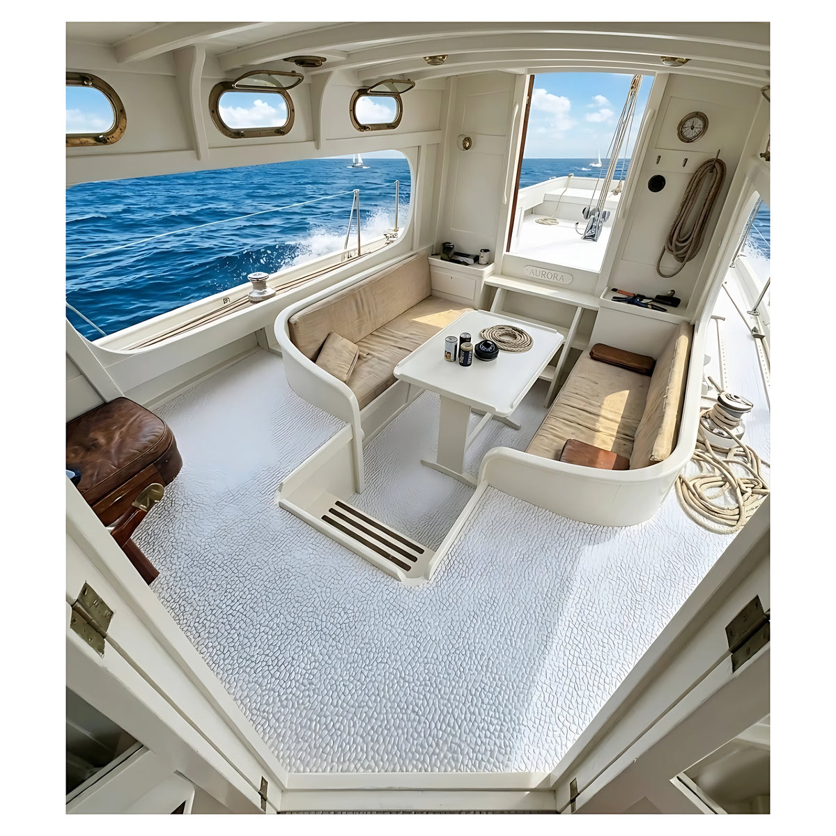 Pavimento nautico Lario in PVC effetto bouclé, colore Bianco 500. Spessore 1,8mm, altezza 140cm. Elegante, leggero e resistente. Vendita al metro lineare.