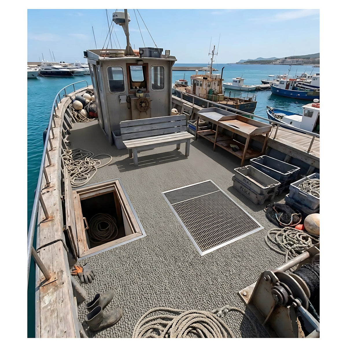 Rivestimento per pavimenti nautici in PVC modello Lario colore Grigio 294, disegno effetto bouclé con supporto telato per barche.
