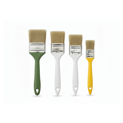 Set di 4 pennelli piatti eco in diverse misure, manici colorati verde, bianco e giallo, setole naturali