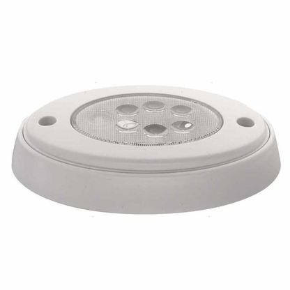 Plafoniera LED rettangolare con corpo in plastica bianca, ideale per illuminazione interni barca a luce calda.
