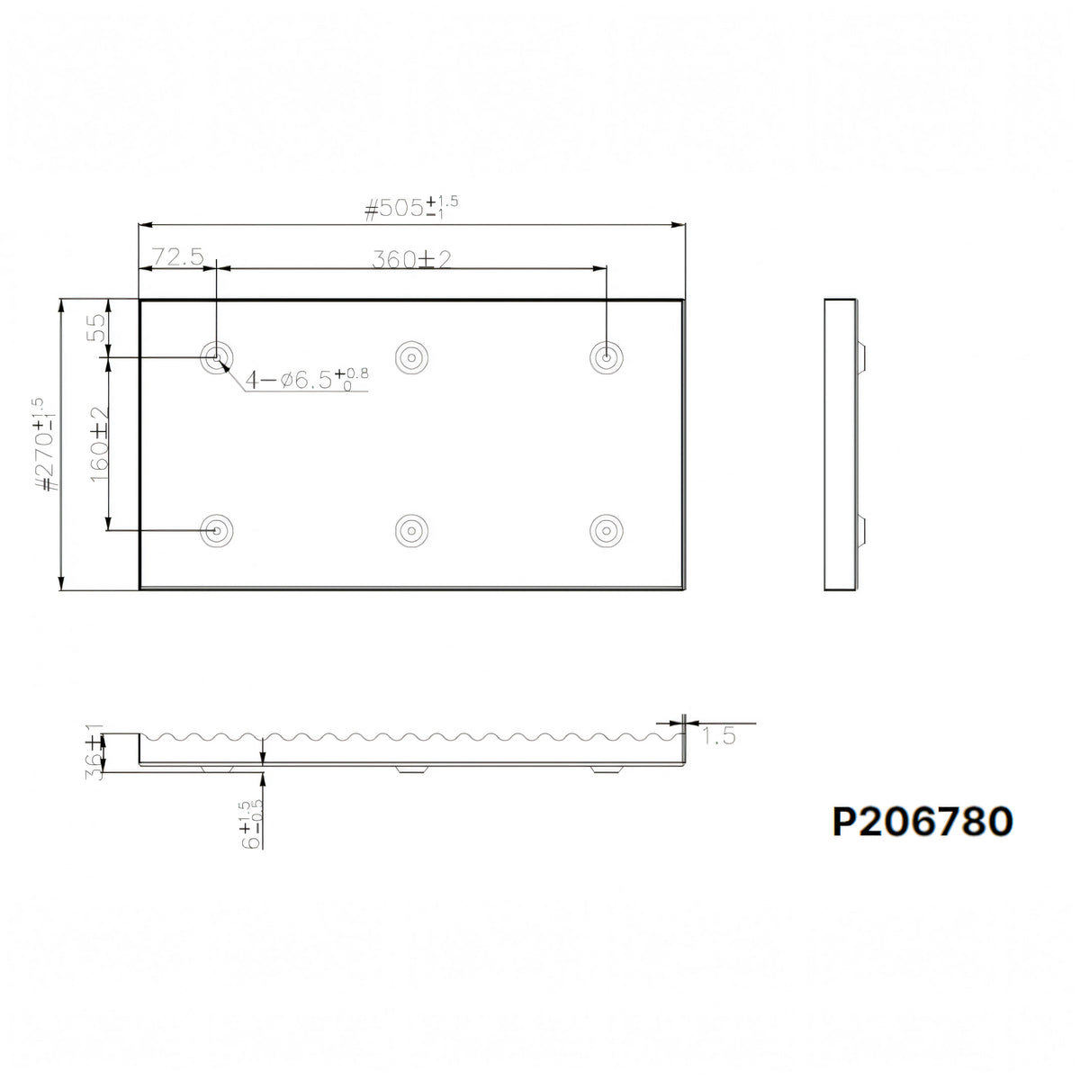 Disegno tecnico porta batteria Crosseven P206780 dimensioni 505x270mm