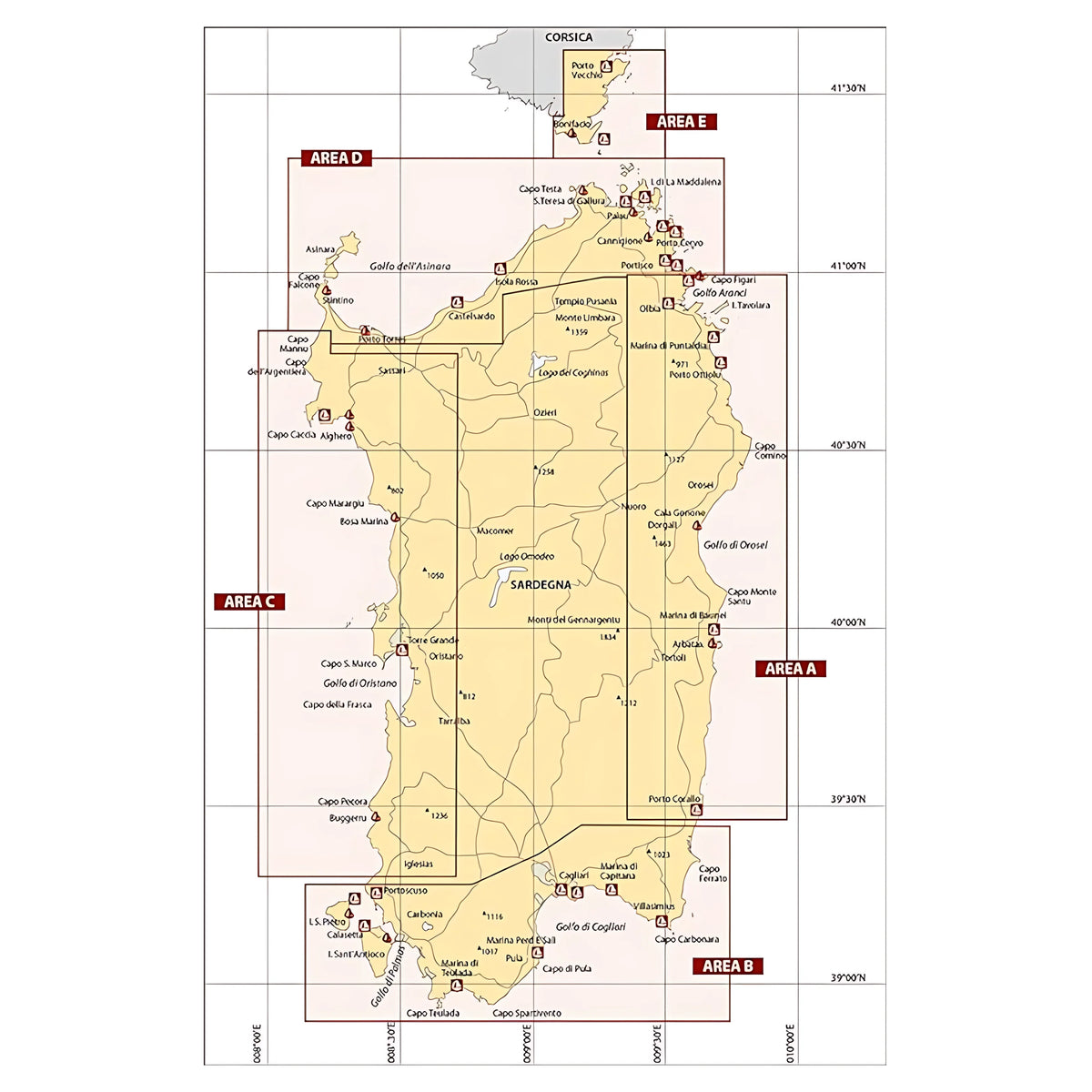 Portolano cartografico Sardegna e Bocche di Bonifacio 2026 con mappa aree nautiche A B C D E