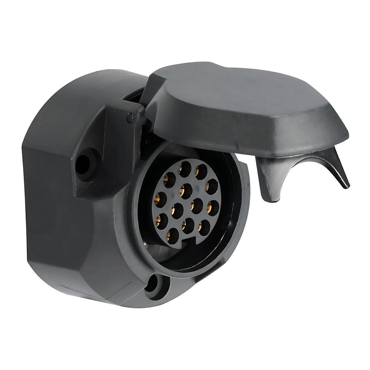 Presa a 13 poli per rimorchi in ABS nero con particolari in ottone cromato conforme norma ISO 11446