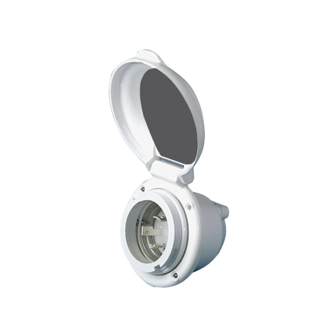 Presa di corrente ABS bianca 30A 220V IPX7 con coperchio aperto e contatti in metallo