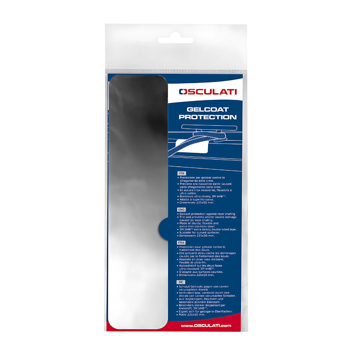 Protezione adesiva antisfregamento in acciaio inox con adesivo 3M VHB per cime d'ormeggio e manovra disponibile in 150x50 mm e 225x50 mm