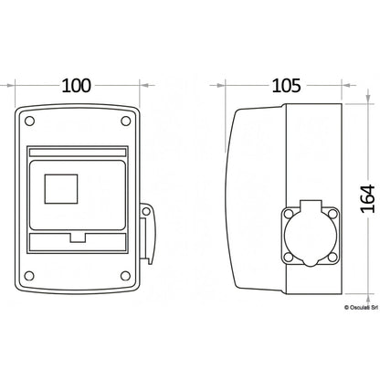 Disegno tecnico quadro elettrico Osculati 16A con misure 100 x 164 x 105 mm