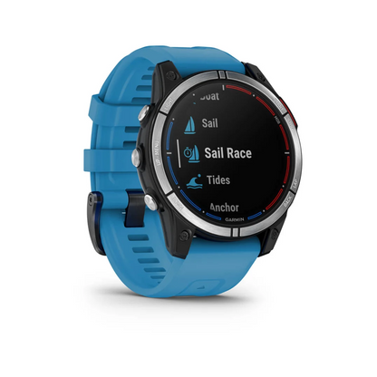 Orologio GPS Garmin Quatix 7 nero con cinturino blu, menu nautico Sail Race e Tides su display
