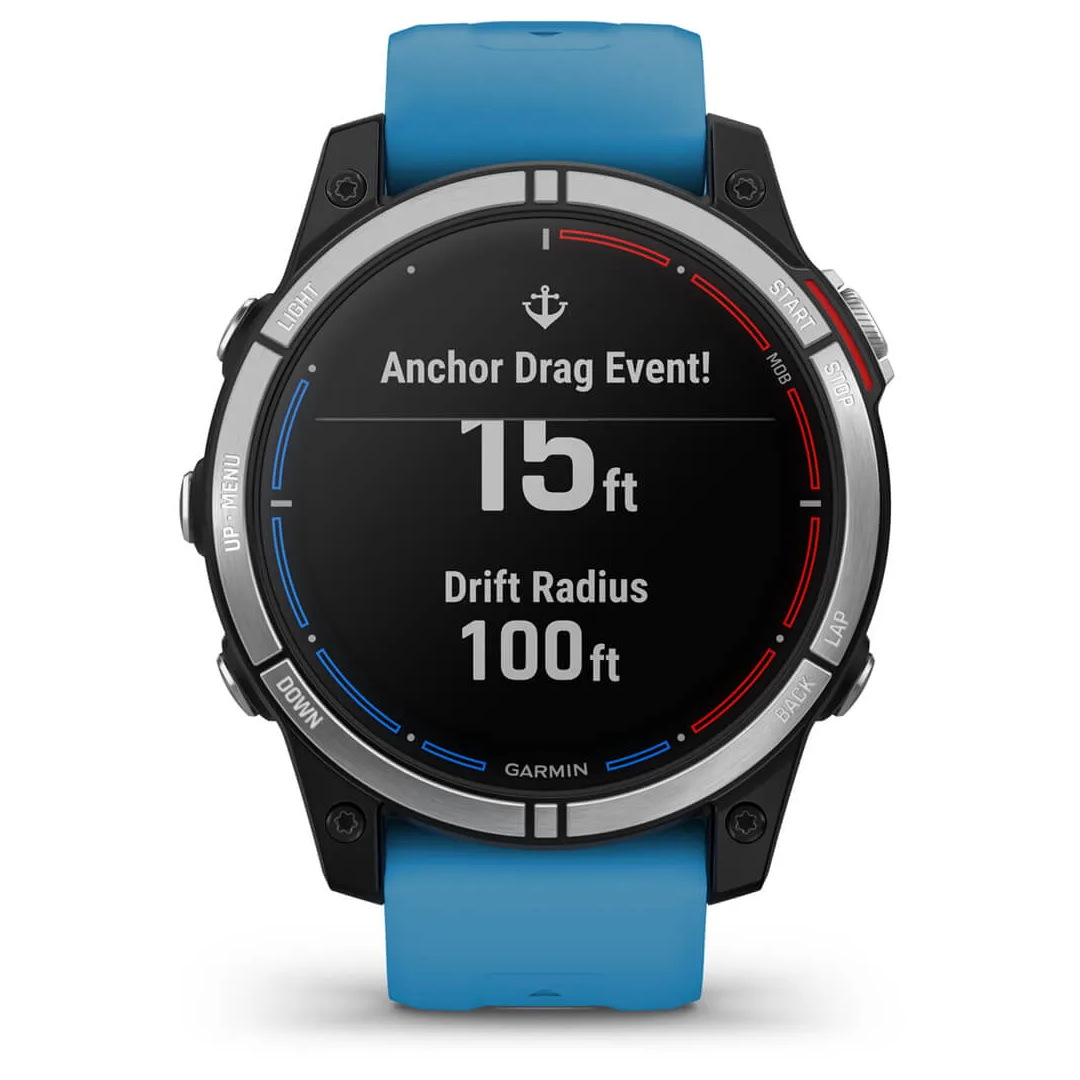 Orologio GPS nautico Garmin Quatix 7 con cinturino blu, schermo allarme anchor drag 15ft su 100ft