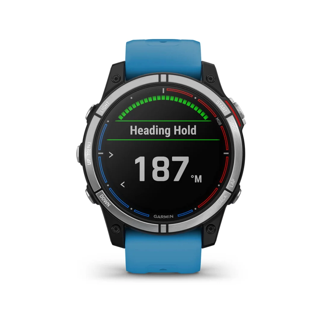 Orologio GPS nautico Garmin Quatix 7 con cinturino blu, display "Heading Hold" 187°M e ghiera argentata
