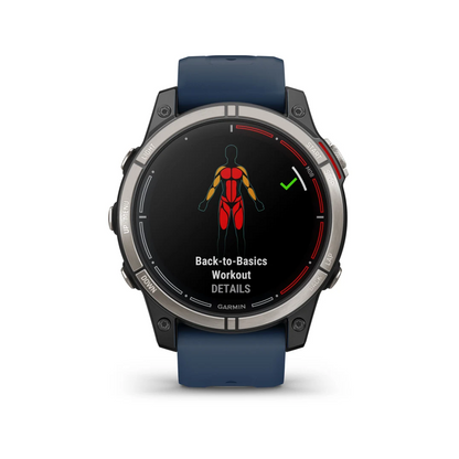 Orologio Garmin Quatix 7 Pro con cinturino blu e schermo workout muscoli