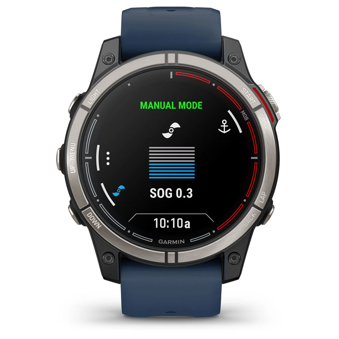 Orologio GPS nautico Garmin Quatix 7 Pro con cinturino blu navy, cassa silver, display MANUAL MODE e SOG