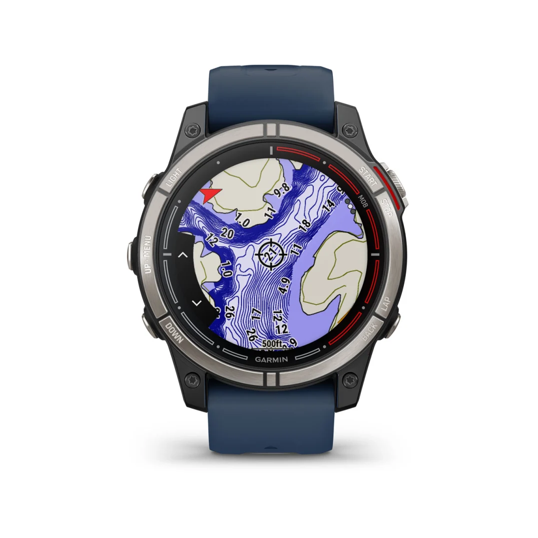 Orologio GPS nautico Garmin Quatix 7 Pro con cinturino blu, cassa titanio e mappa batimetrica a colori