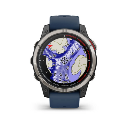 Orologio GPS nautico Garmin Quatix 7 Pro con cinturino blu, cassa titanio e mappa batimetrica a colori