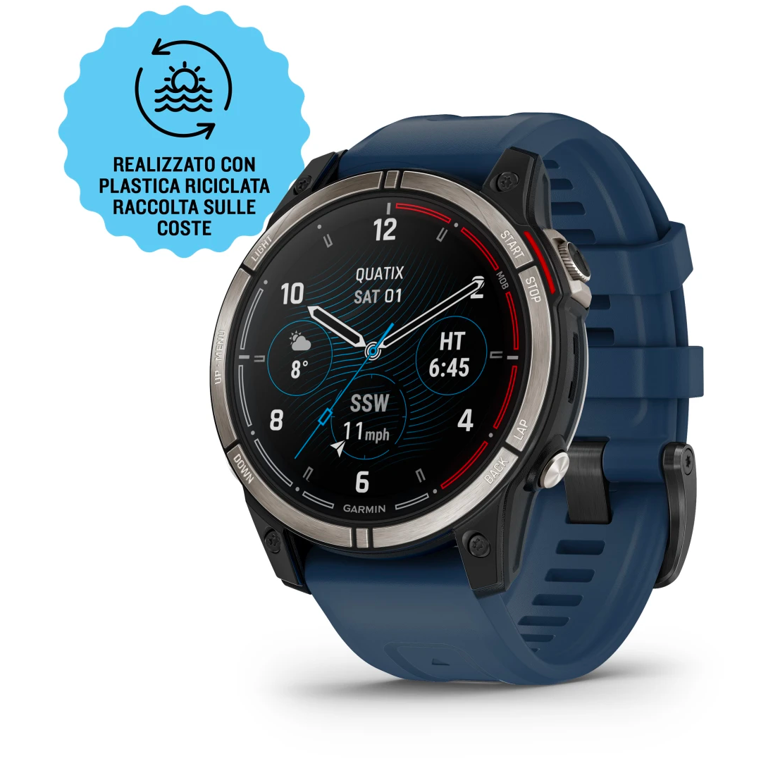 Orologio GPS nautico Garmin Quatix 7 Pro con cinturino blu e cassa in titanio, display con dati meteo e vento