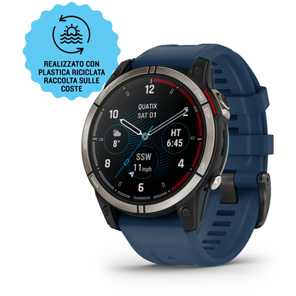 Orologio GPS nautico Garmin Quatix 7 Pro con cinturino blu e cassa in titanio, display con dati meteo e vento