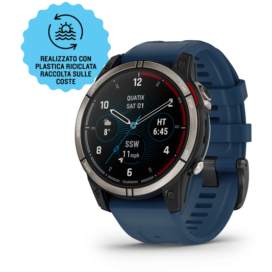 Orologio GPS nautico Garmin Quatix 7 Pro con cinturino blu e cassa in titanio, display con dati meteo e vento