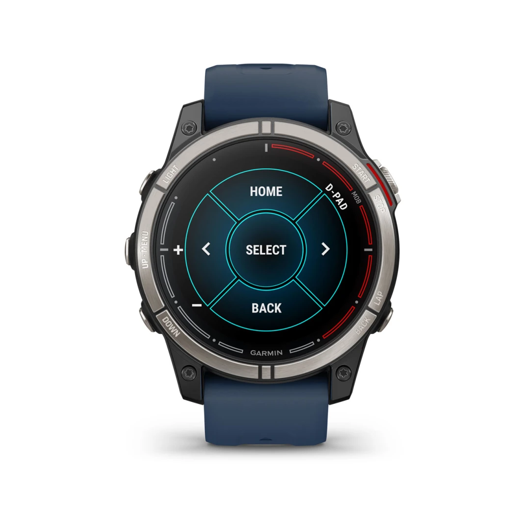 Orologio Garmin Quatix 7 Pro con cinturino blu navy, cassa in titanio e display D-PAD touchscreen