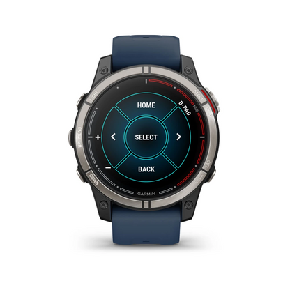 Orologio Garmin Quatix 7 Pro con cinturino blu navy, cassa in titanio e display D-PAD touchscreen