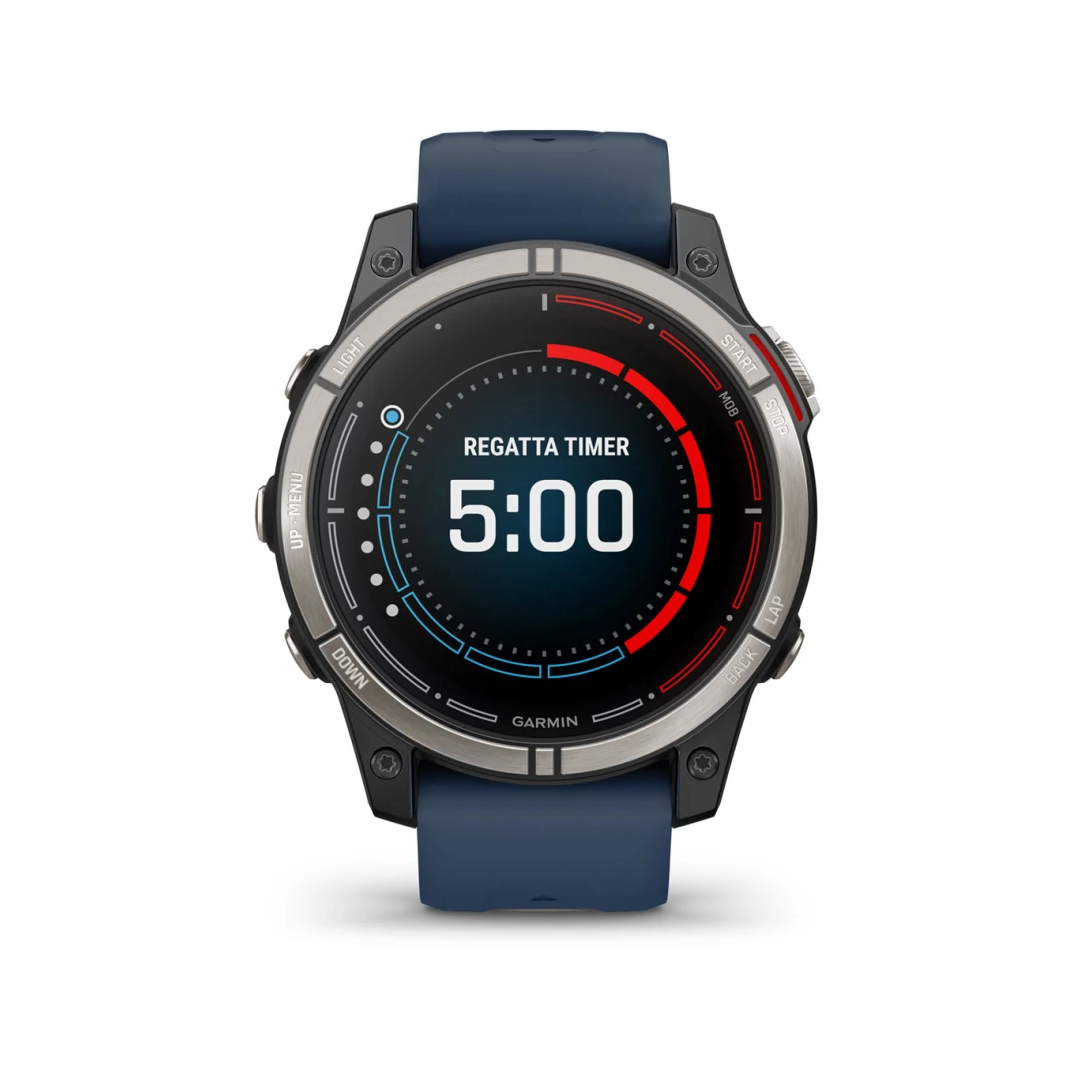 Orologio GPS nautico Garmin Quatix 7 Pro con timer regata, cassa titanio e cinturino blu navy