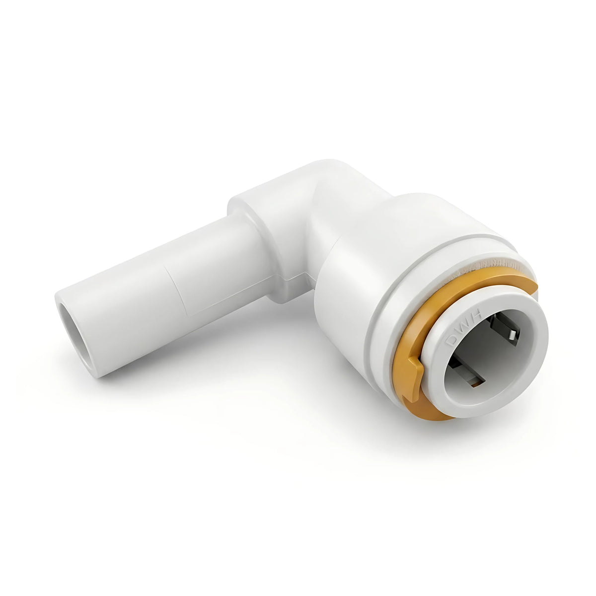 Raccordo a 90° femmina con codulo serie KP a scatto per tubo da 12 mm in plastica atossica per impianti idrici in polietilene semirigido