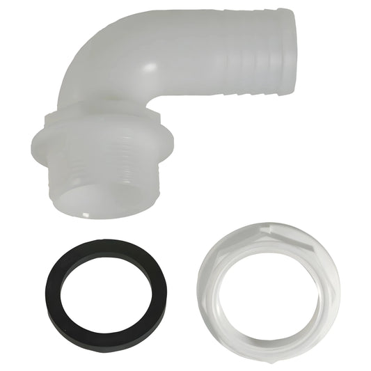 Raccordo portagomma a gomito 90 gradi diametro 38mm con filetto 1 pollice e mezzo per serbatoi.