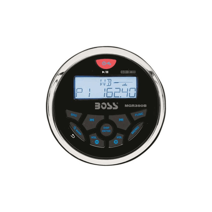 Stereo marino Boss Marine MGR350B tondo da cruscotto con display LCD e connessione Bluetooth.